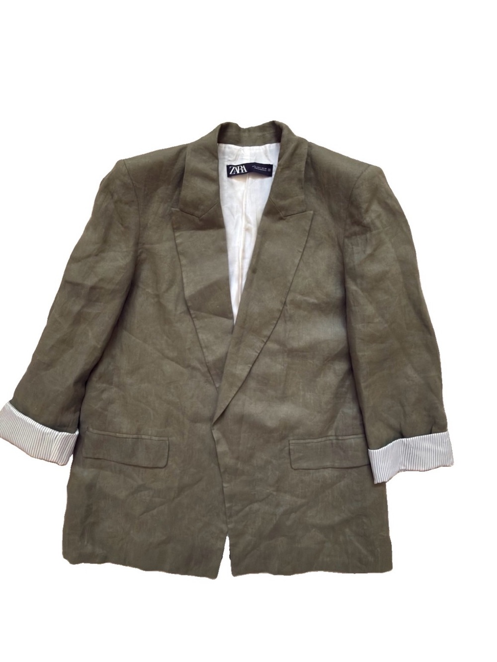 ZARA Linen Blend Blazer Jacket Roll-Up Striped Sleeve Olive Green Khaki Large